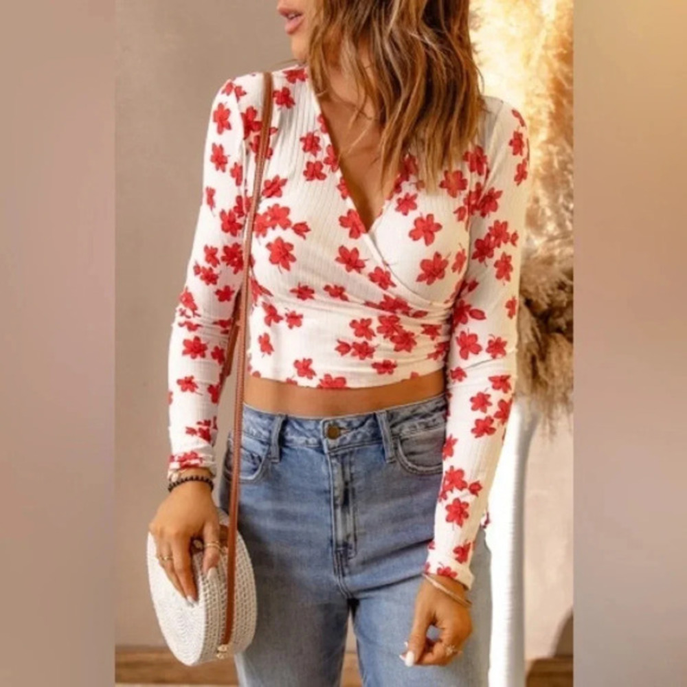 Cherry Blossom Floral Long Sleeve Wrap Crop Top NWT